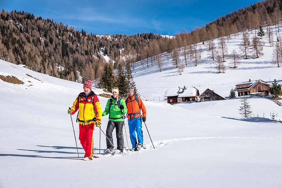 Drei Schneeschuhwanderer in Kärnten gehen hintereinander im Schnee wandern und lassen die Hütten hinter sich