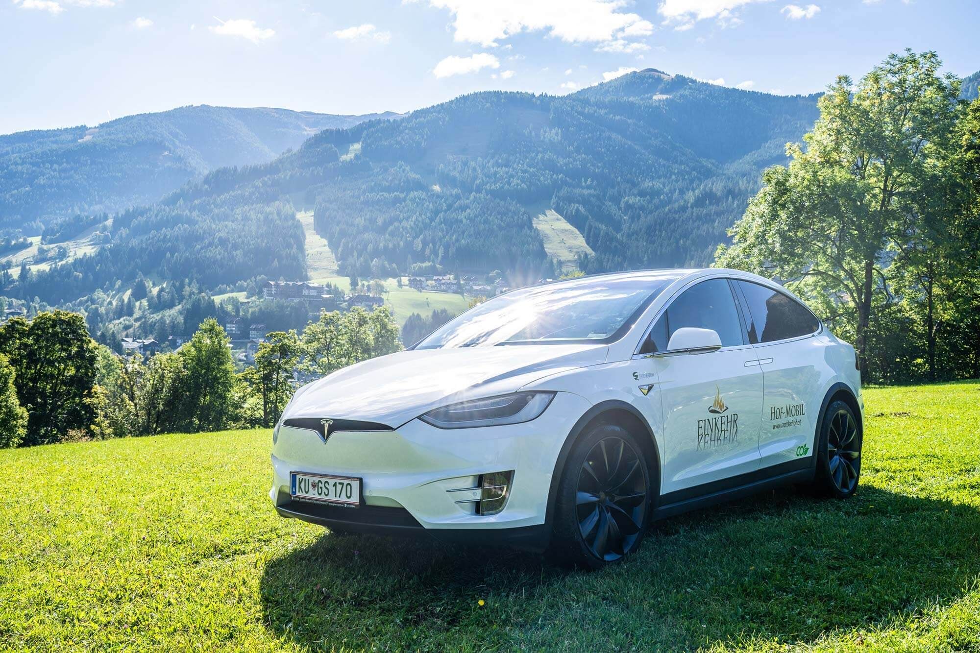 A white Tesla with the Trattlerhoflogo on the driver's side door is parked in a meadow.