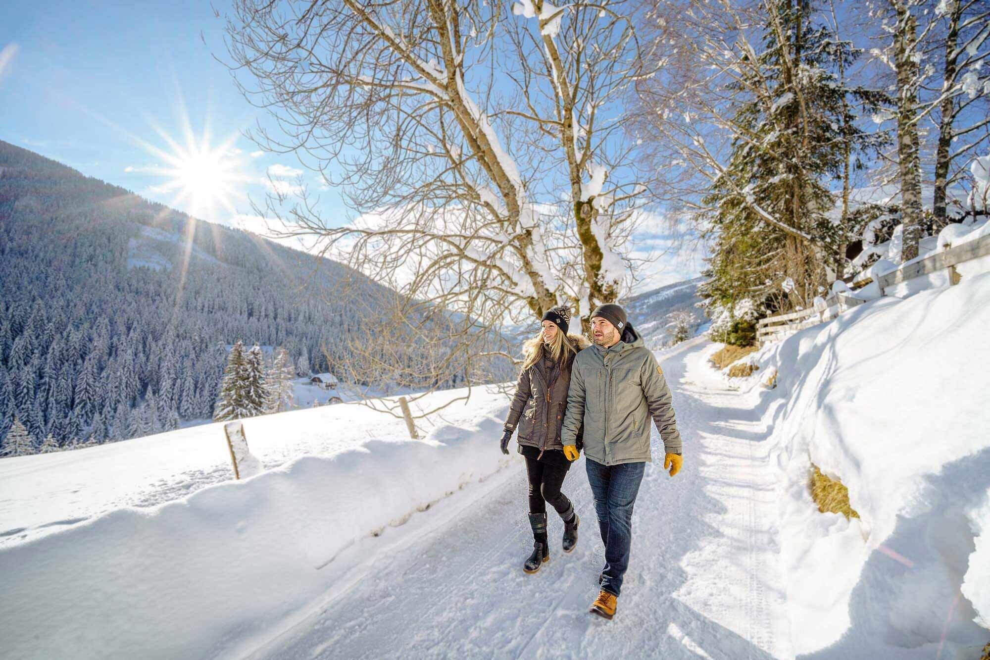 Ein Pärchen das eine Winter Wanderung im Schnee in der Natur macht.