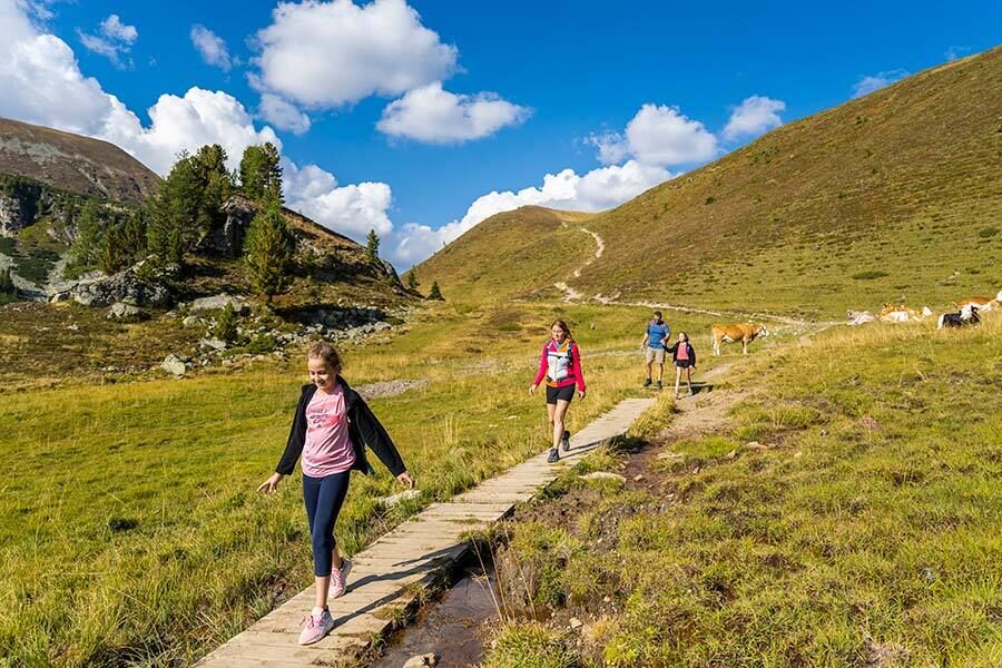 Eine vierköpfige Familie unternimmt in den Nockbergen bei schönem Wetter eine Wanderung